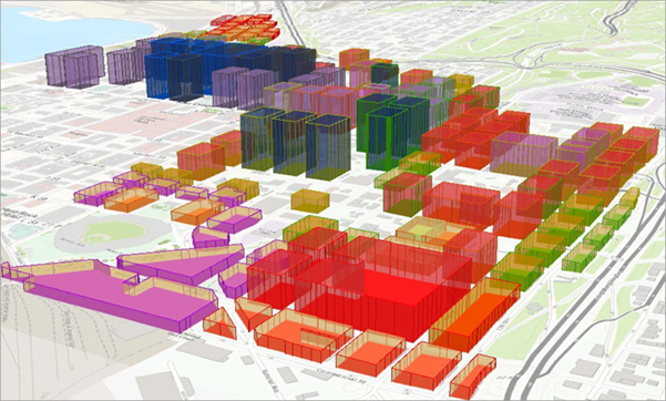 Verkleinerte 3D-Ansicht des Stadtzentrums von San Diego mit Gebäuden in mehreren Farben