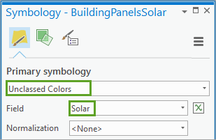 "Primäre Symbolisierung" festgelegt auf "Nicht klassifizierte Farben" und "Feld" festgelegt auf "Solar"