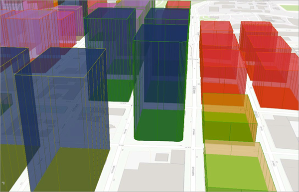 3D-Ansicht von Gebäuden in verschiedenen Farben