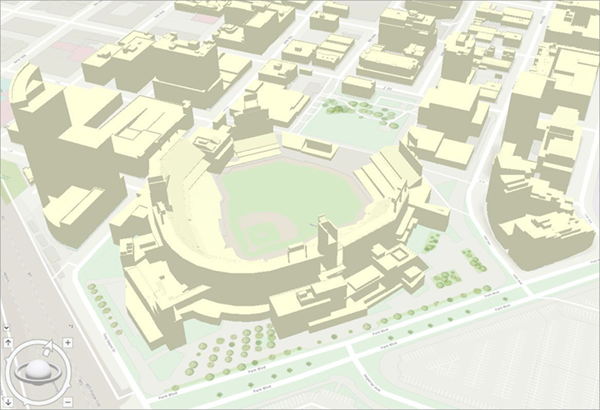 3D-Ansicht eines Baseballstadions im Stadtzentrum