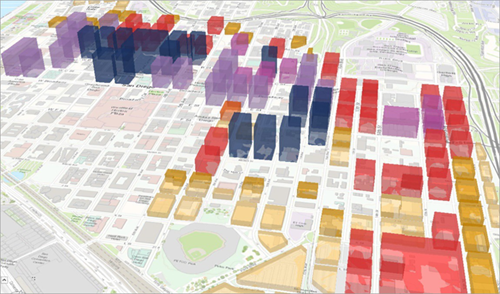 3D-Ansicht von San Diego mit in verschiedenen Farben gezeichneten Gebäuden