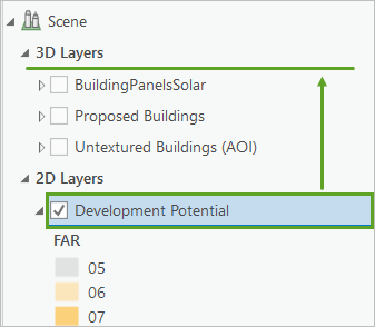 Den Layer "Development Potential" in die Layer-Gruppe "3D-Layer" verschieben