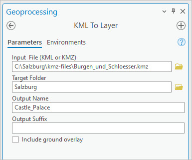 Parameter für das Werkzeug "KML in Layer"