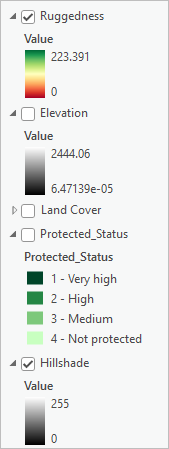Layer "Ruggedness" und "Hillshade" sind aktiviert, und "Elevation", "Land Cover" und "Protected_Status" sind deaktiviert.