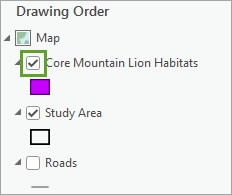 Kontrollkästchen für "Core Mountain Lion Habitats"