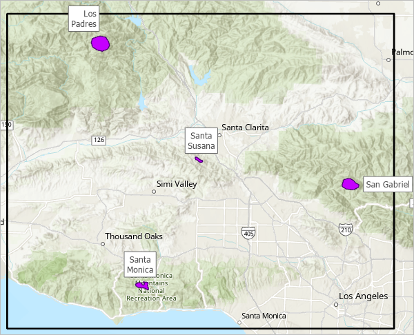 Auf der Karte angezeigter Layer "Core Mountain Lion Habitats"