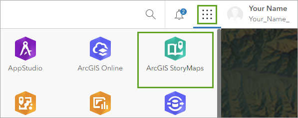 Schaltfläche "App-Startprogramm" und ArcGIS StoryMaps in der App-Galerie