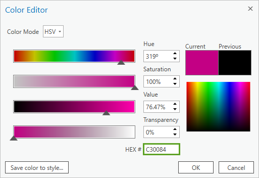 Im Fenster "Farb-Editor" wurde für "HEX #" der Wert "C30084" festgelegt.