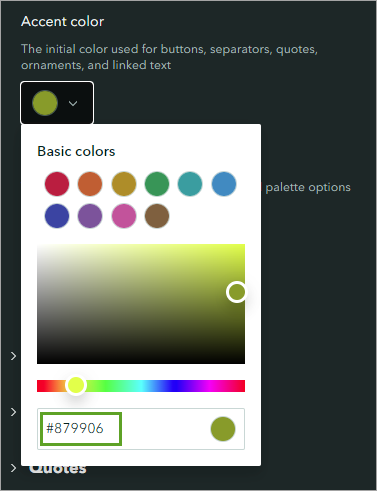 Akzentfarbe, die auf #879906, ein Gelbgrün, festgelegt wurde