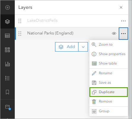 Duplizieren Sie im Menü "Optionen" den Layer "National Parks (England)"