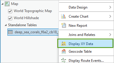 "XY-Daten anzeigen" für "deep_sea_corals" unter "Standalone-Tabellen"