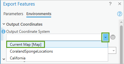 "Ausgabe-Koordinatensystem" mit Einstellung "Aktuelle Karte [Map]" im Fenster "Features exportieren"