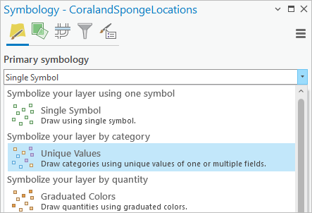 "Einzelwerte" für "Primäre Symbolisierung" im Bereich "Symbolisierung" für den Feature-Layer "CoralandSpongeLocations"