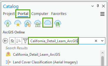 Die Registerkarten "Portal" und "ArcGIS Online" im Bereich "Katalog"