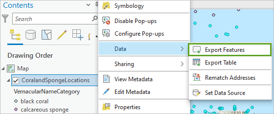 "Features exportieren" für die Option "Daten" des Layers "CoralandSpongeLocations"