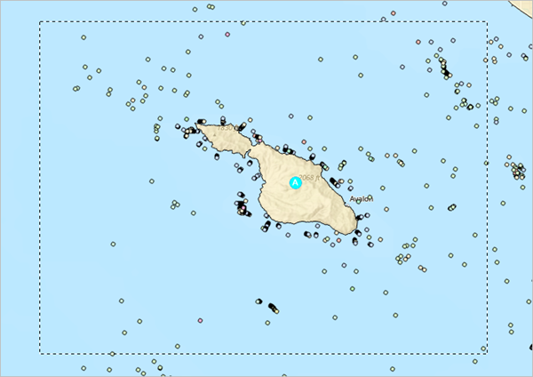 Aufgezogener Rahmen um Korallen- und Schwammpunkte um Catalina Island bei aktiviertem Werkzeug "Auswählen"