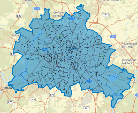 Karte, die Berlin mit Postleitzahlengebieten zeigt