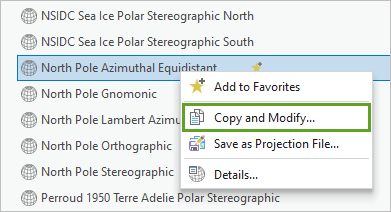 "Kopieren und Ändern" im Kontextmenü "North Pole Azimuthal Equidistant"