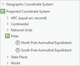 Gruppe "Polargebiete" in der Liste "Projiziertes Koordinatensystem"