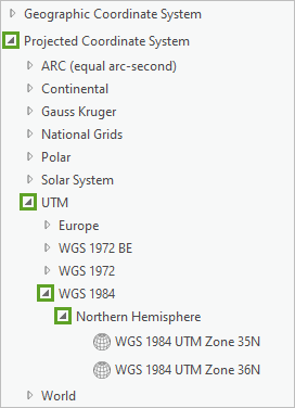 Erweiterte Gruppen in der Liste der verfügbaren Koordinatensysteme