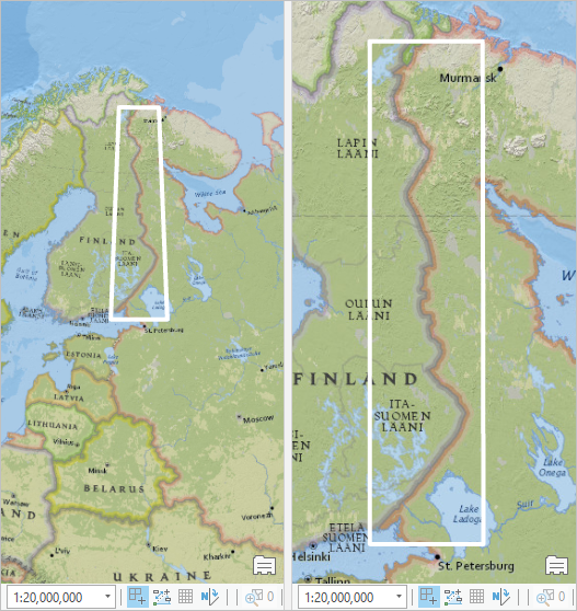 Vergleich der Form der weißen Ausdehnung in der Transversalen Mercator-Projektion und der Web Mercator-Projektion