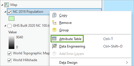 Option "Attributtabelle" für den Layer "NC 2019 Population"