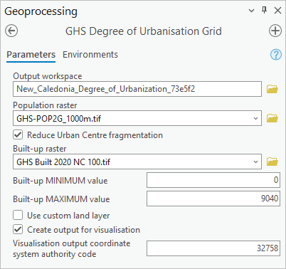 Parameter des Werkzeugs "GHS Degree of Urbanisation Grid"