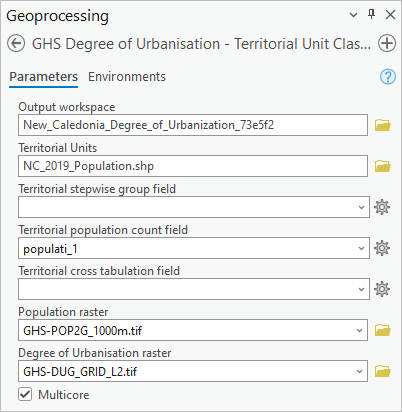 Parameter des Werkzeugs "GHS Degree of Urbanisation - Territorial Unit Classifier"