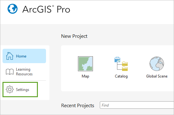 Klicken Sie auf der Startseite von ArcGIS Pro auf "Einstellungen".