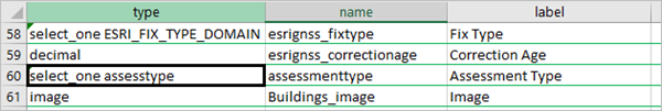Die Zeile für "type" lautet "select_one assesstype".