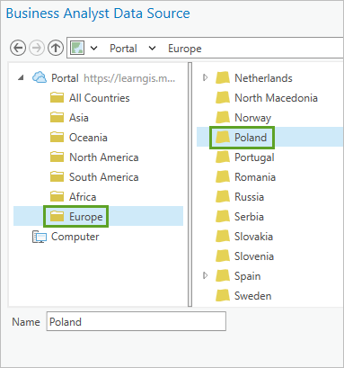 Ordner "Poland" nach Auswahl im Fenster "Business Analyst-Datenquelle"