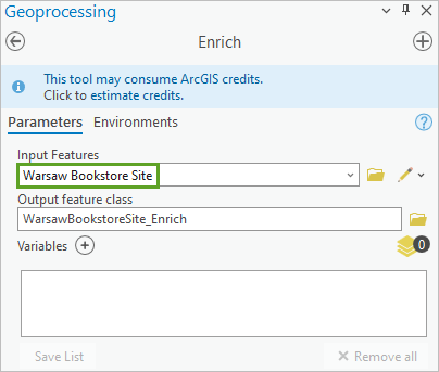 "Eingabe-Features" auf der Registerkarte "Parameter"