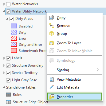 "Eigenschaften" im Kontextmenü "Water Utility Network"