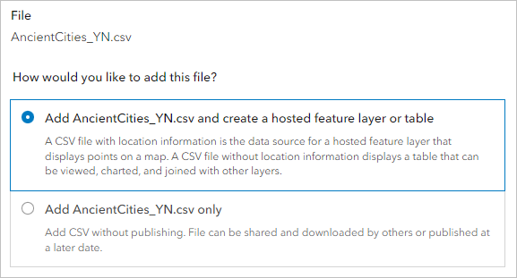 Option "AncientCities.csv hinzufügen und gehosteten Feature-Layer oder Tabelle erstellen"