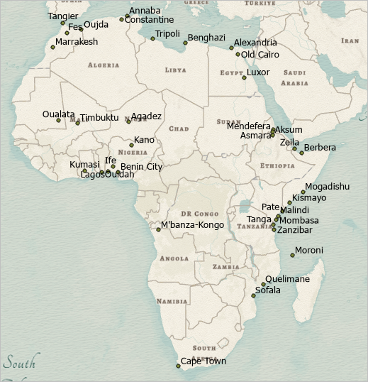 Karte von Afrika mit geokodierten und beschrifteten Städten