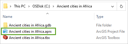 Datei "Ancient cities in Africa.aprx" in einem Dateibrowserfenster