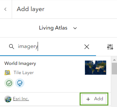 Schaltfläche "Layer zu Grundkarte hinzufügen" auf der Kachel "World Imagery"