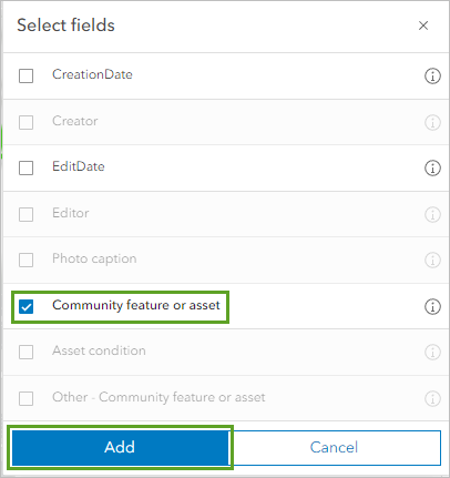 Das Feld "Community feature or asset" und die Schaltfläche "Hinzufügen" im Fenster "Felder hinzufügen"