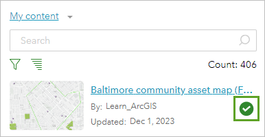 Die unter "Eigene Inhalte" ausgewählte Karte "Baltimore community asset map (Final)"