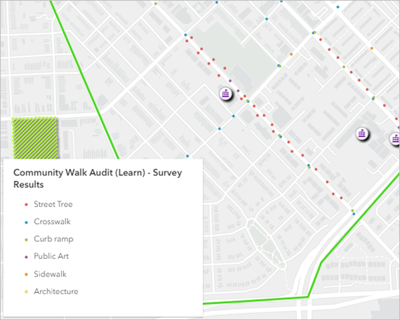 Der Layer "Community Walk Audit_results", der so gestylt wurde, dass für jeden Objekttyp auf der Karte ein anderes Symbol angezeigt wird