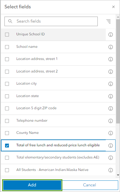 Fenster "Felder hinzufügen", in dem das Feld "Total of free lunch and reduced-price lunch eligible" ausgewählt und die Schaltfläche "Hinzufügen" hervorgehoben ist