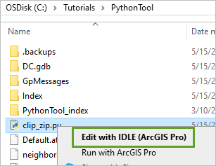 Klicken Sie mit der rechten Maustaste auf das Skript, und klicken Sie auf "Edit with IDLE (ArcGIS Pro)".