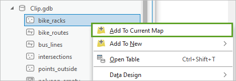 Fügen Sie die Feature-Class "bike_racks" zur aktuellen Karte hinzu.
