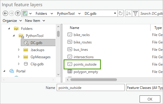 Die Feature-Class "points_outside" wird ausgewählt, um sie zur Werkzeugeingabe hinzuzufügen.