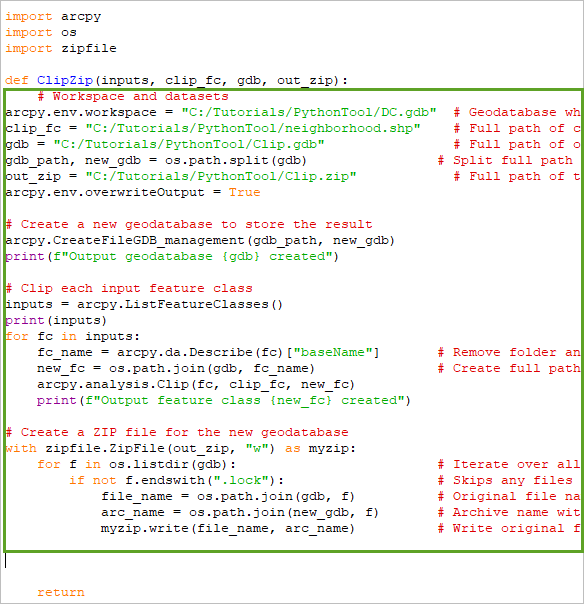 Der Code wird in den Code-Block für die Funktionsdefinition eingefügt.