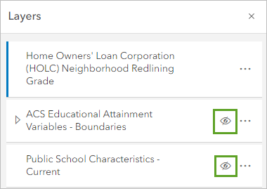 Die für den Gruppen-Layer "ACS Educational Attainment Variables - Boundaries" und den Layer "Public School Characteristics - Current" deaktivierte Schaltfläche für die Sichtbarkeit