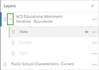 Erweitern Sie den Pfeil für den Gruppen-Layer "ACS Educational Attainment Variables - Boundaries"