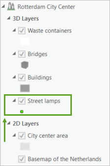 Verschieben Sie den Layer "Street lamps" in den Abschnitt der 3D-Layer.