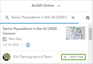 Schaltfläche "Karte öffnen" für "Senior Populations in the US (2020 Census)"