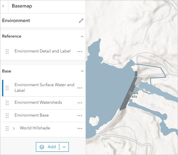 Die aktualisierte Grundkarte "Umwelt", bei der die Features "Surface Water and Label" unter den Daten dargestellt werden